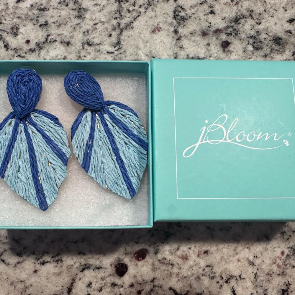 Bloom Blue Raffia Statement Shell Earrings Coastal Beachy Lightweight